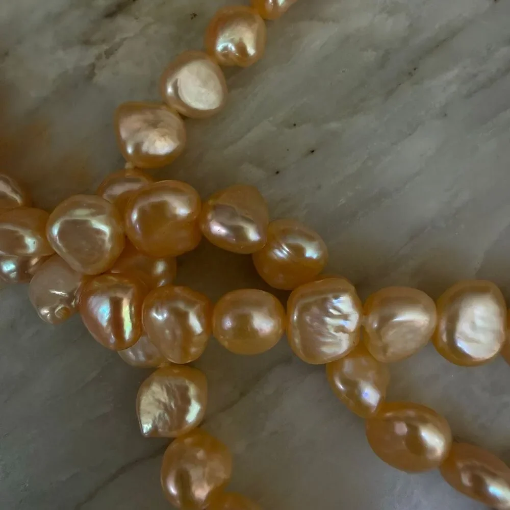 Vintage Freshwater Peach  Pearl Triple Strand Necklace Sterling Silver 925 clasp